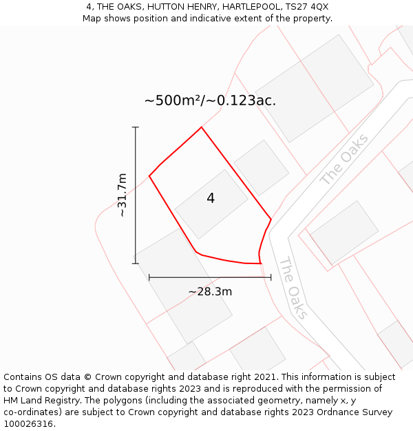 4, THE OAKS, HUTTON HENRY, HARTLEPOOL, TS27 4QX: Plot and title map