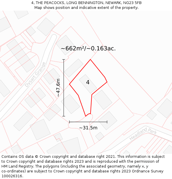 4, THE PEACOCKS, LONG BENNINGTON, NEWARK, NG23 5FB: Plot and title map