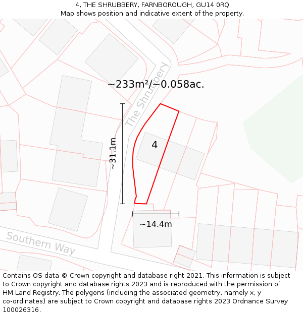 4, THE SHRUBBERY, FARNBOROUGH, GU14 0RQ: Plot and title map