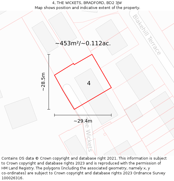4, THE WICKETS, BRADFORD, BD2 3JW: Plot and title map
