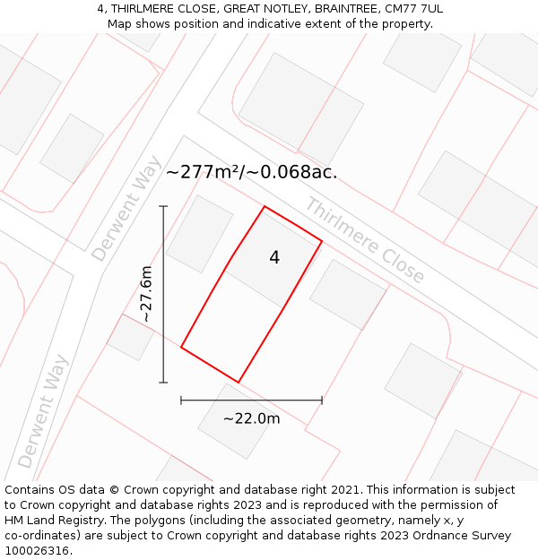 4, THIRLMERE CLOSE, GREAT NOTLEY, BRAINTREE, CM77 7UL: Plot and title map