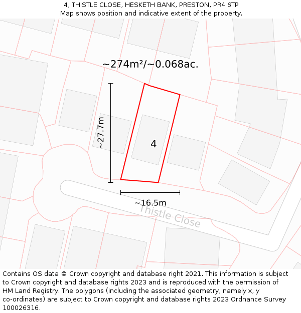4, THISTLE CLOSE, HESKETH BANK, PRESTON, PR4 6TP: Plot and title map