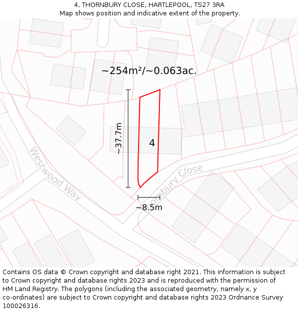 4, THORNBURY CLOSE, HARTLEPOOL, TS27 3RA: Plot and title map