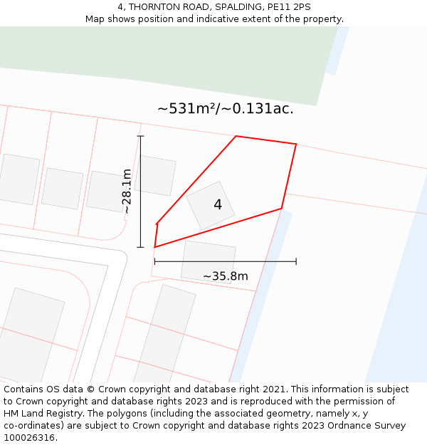 4, THORNTON ROAD, SPALDING, PE11 2PS: Plot and title map