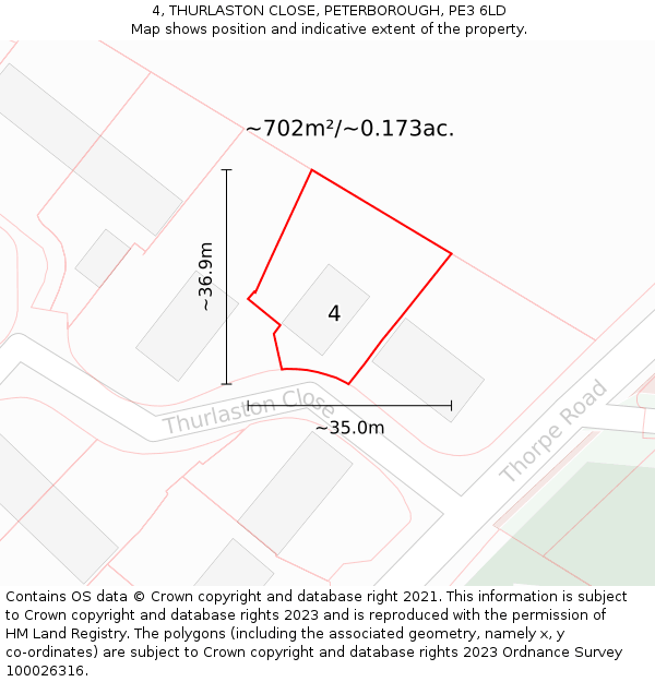 4, THURLASTON CLOSE, PETERBOROUGH, PE3 6LD: Plot and title map