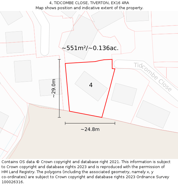 4, TIDCOMBE CLOSE, TIVERTON, EX16 4RA: Plot and title map