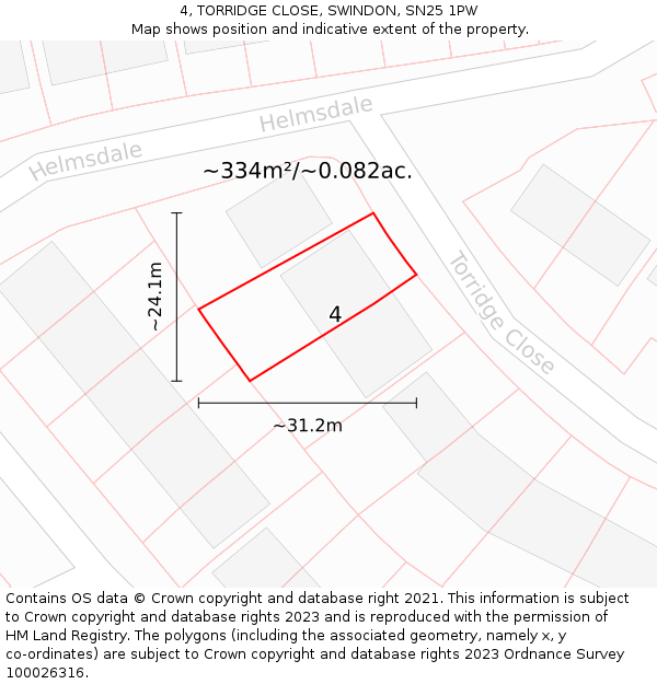 4, TORRIDGE CLOSE, SWINDON, SN25 1PW: Plot and title map