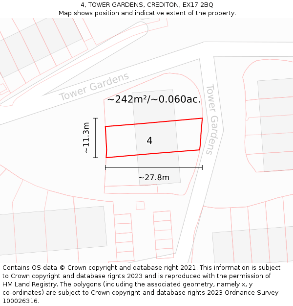 4, TOWER GARDENS, CREDITON, EX17 2BQ: Plot and title map