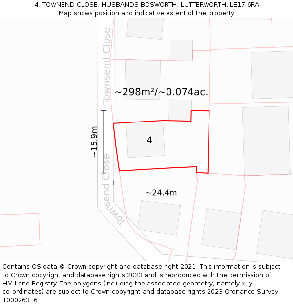 4, TOWNEND CLOSE, HUSBANDS BOSWORTH, LUTTERWORTH, LE17 6RA: Plot and title map