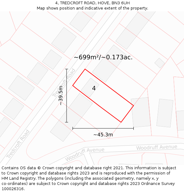 4, TREDCROFT ROAD, HOVE, BN3 6UH: Plot and title map