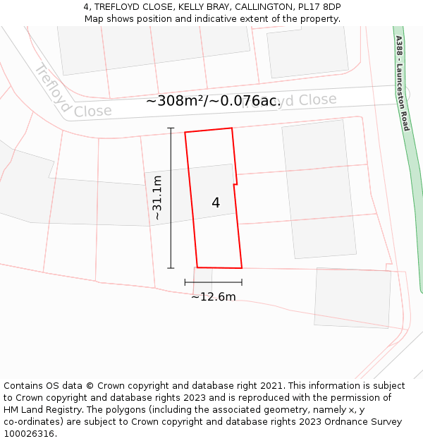 4, TREFLOYD CLOSE, KELLY BRAY, CALLINGTON, PL17 8DP: Plot and title map