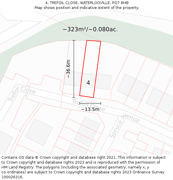 4, TREFOIL CLOSE, WATERLOOVILLE, PO7 8HB: Plot and title map