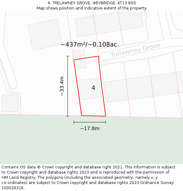 4, TRELAWNEY GROVE, WEYBRIDGE, KT13 8SS: Plot and title map