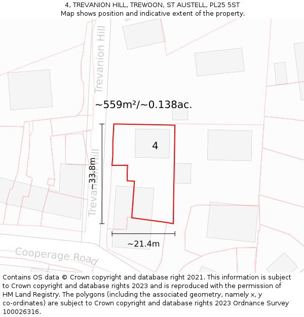 4, TREVANION HILL, TREWOON, ST AUSTELL, PL25 5ST: Plot and title map