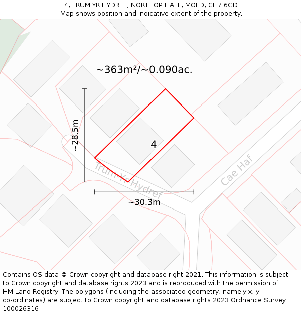 4, TRUM YR HYDREF, NORTHOP HALL, MOLD, CH7 6GD: Plot and title map