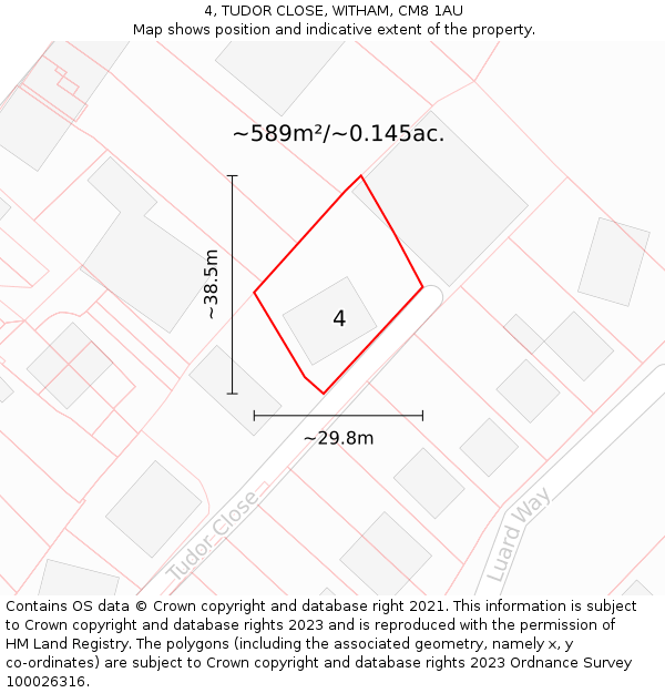 4, TUDOR CLOSE, WITHAM, CM8 1AU: Plot and title map