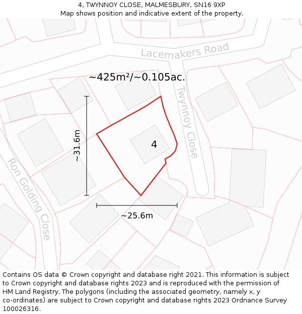 4, TWYNNOY CLOSE, MALMESBURY, SN16 9XP: Plot and title map