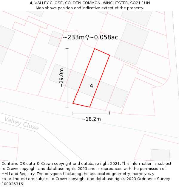 4, VALLEY CLOSE, COLDEN COMMON, WINCHESTER, SO21 1UN: Plot and title map