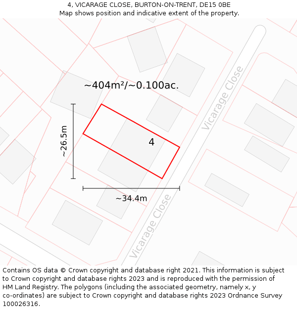 4, VICARAGE CLOSE, BURTON-ON-TRENT, DE15 0BE: Plot and title map