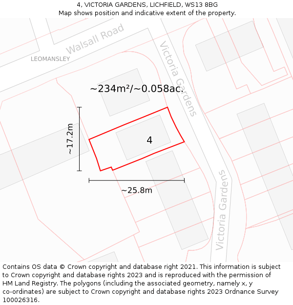 4, VICTORIA GARDENS, LICHFIELD, WS13 8BG: Plot and title map