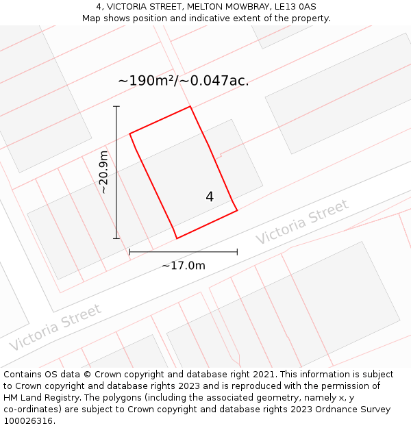 4, VICTORIA STREET, MELTON MOWBRAY, LE13 0AS: Plot and title map
