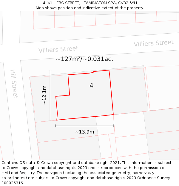 4, VILLIERS STREET, LEAMINGTON SPA, CV32 5YH: Plot and title map