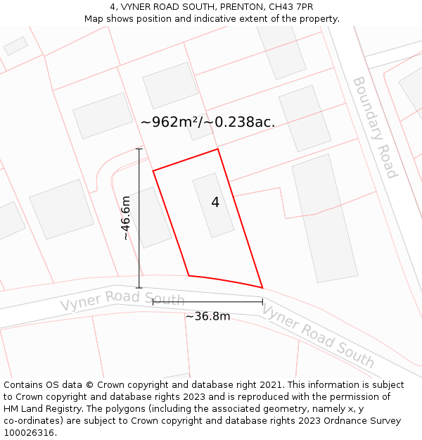 4, VYNER ROAD SOUTH, PRENTON, CH43 7PR: Plot and title map