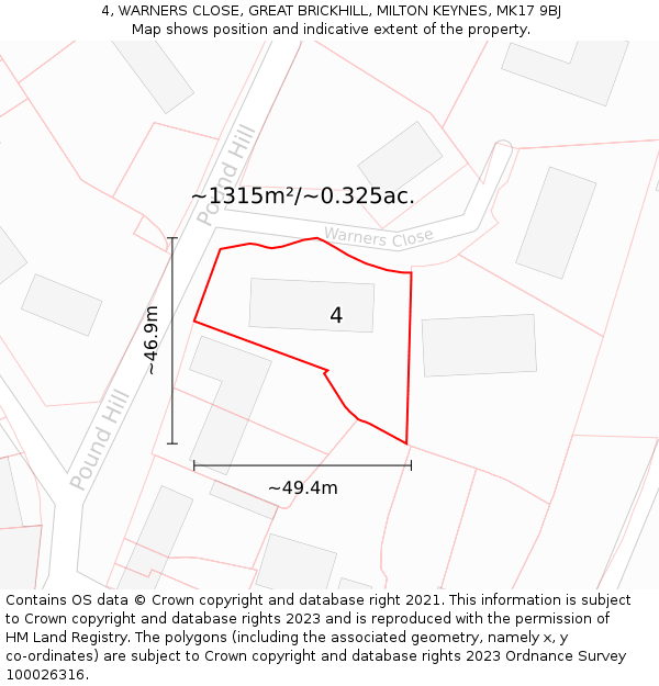 4, WARNERS CLOSE, GREAT BRICKHILL, MILTON KEYNES, MK17 9BJ: Plot and title map