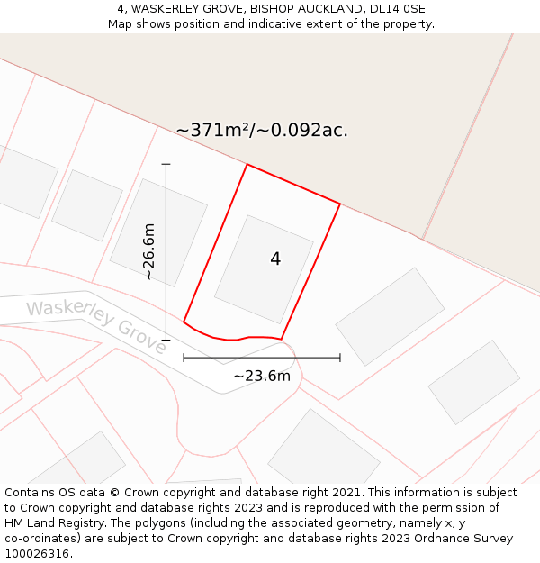 4, WASKERLEY GROVE, BISHOP AUCKLAND, DL14 0SE: Plot and title map