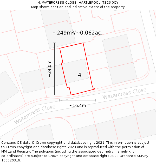 4, WATERCRESS CLOSE, HARTLEPOOL, TS26 0QY: Plot and title map