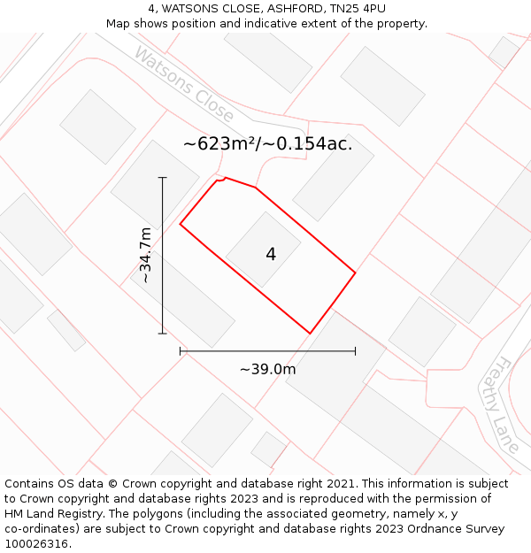 4, WATSONS CLOSE, ASHFORD, TN25 4PU: Plot and title map