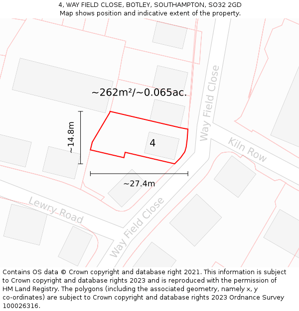 4, WAY FIELD CLOSE, BOTLEY, SOUTHAMPTON, SO32 2GD: Plot and title map