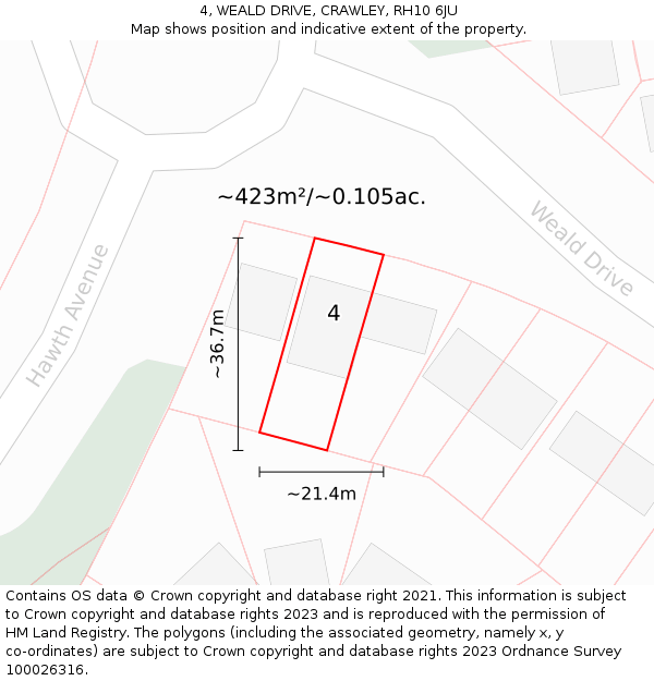 4, WEALD DRIVE, CRAWLEY, RH10 6JU: Plot and title map