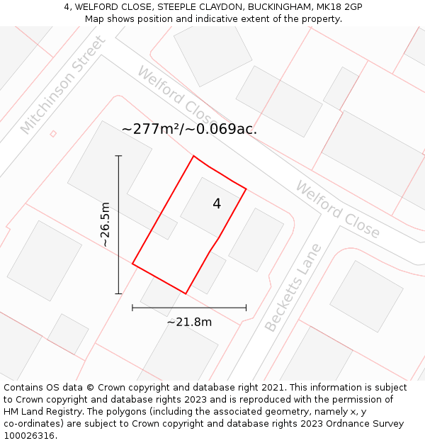 4, WELFORD CLOSE, STEEPLE CLAYDON, BUCKINGHAM, MK18 2GP: Plot and title map