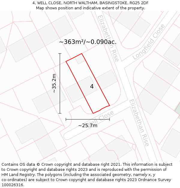 4, WELL CLOSE, NORTH WALTHAM, BASINGSTOKE, RG25 2DF: Plot and title map