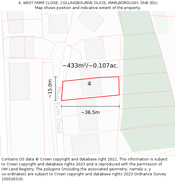 4, WEST FARM CLOSE, COLLINGBOURNE DUCIS, MARLBOROUGH, SN8 3DU: Plot and title map