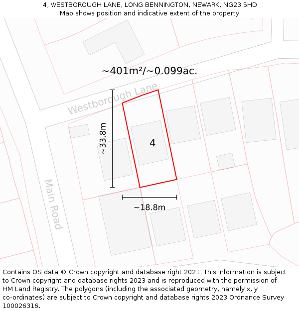 4, WESTBOROUGH LANE, LONG BENNINGTON, NEWARK, NG23 5HD: Plot and title map