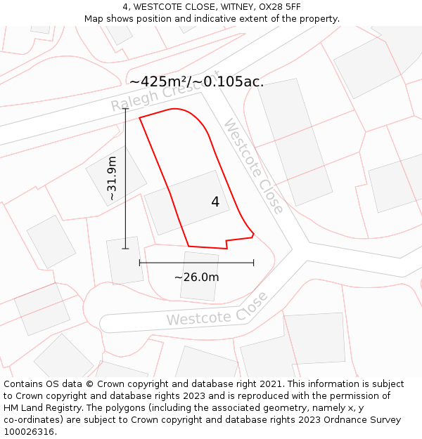 4, WESTCOTE CLOSE, WITNEY, OX28 5FF: Plot and title map