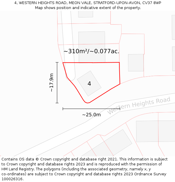 4, WESTERN HEIGHTS ROAD, MEON VALE, STRATFORD-UPON-AVON, CV37 8WP: Plot and title map