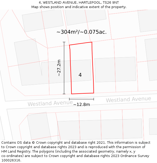 4, WESTLAND AVENUE, HARTLEPOOL, TS26 9NT: Plot and title map