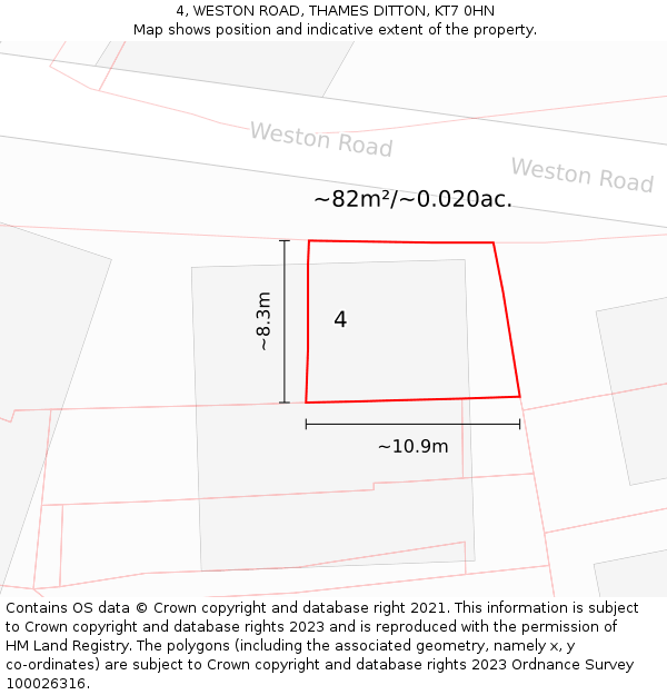 4, WESTON ROAD, THAMES DITTON, KT7 0HN: Plot and title map