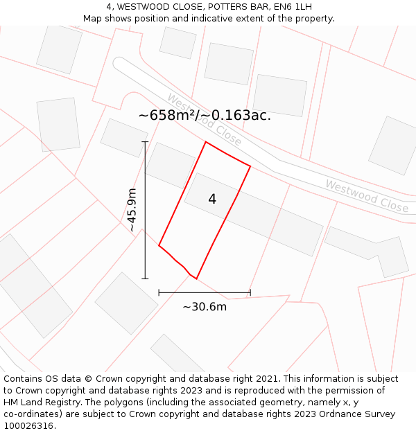 4, WESTWOOD CLOSE, POTTERS BAR, EN6 1LH: Plot and title map