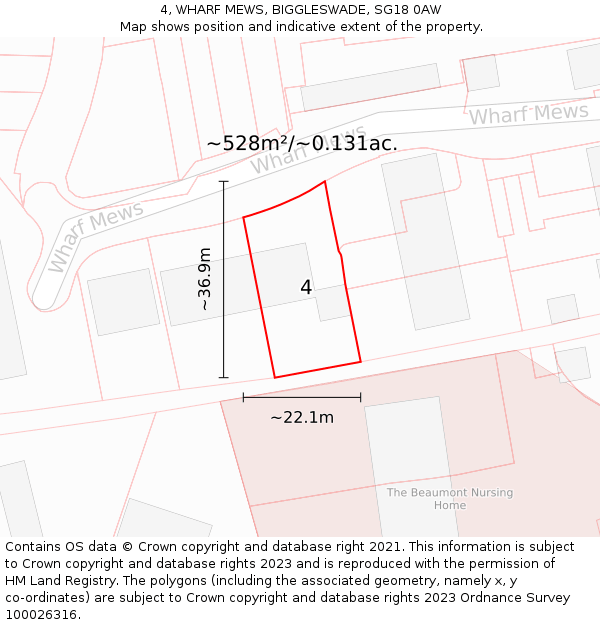 4, WHARF MEWS, BIGGLESWADE, SG18 0AW: Plot and title map