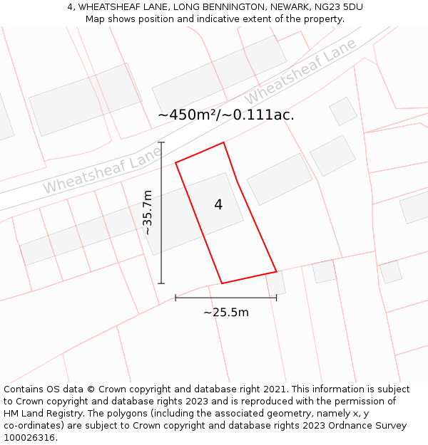 4, WHEATSHEAF LANE, LONG BENNINGTON, NEWARK, NG23 5DU: Plot and title map