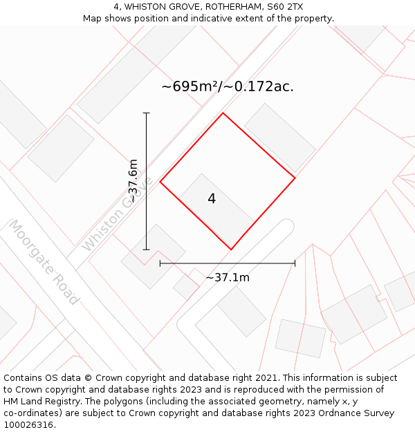 4, WHISTON GROVE, ROTHERHAM, S60 2TX: Plot and title map