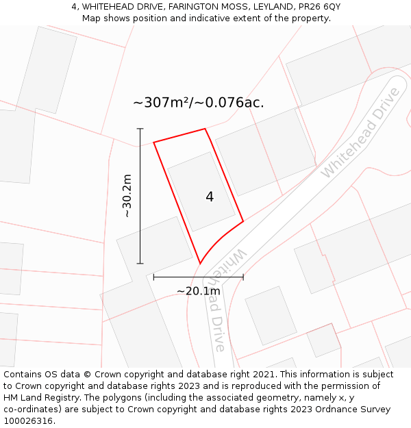 4, WHITEHEAD DRIVE, FARINGTON MOSS, LEYLAND, PR26 6QY: Plot and title map