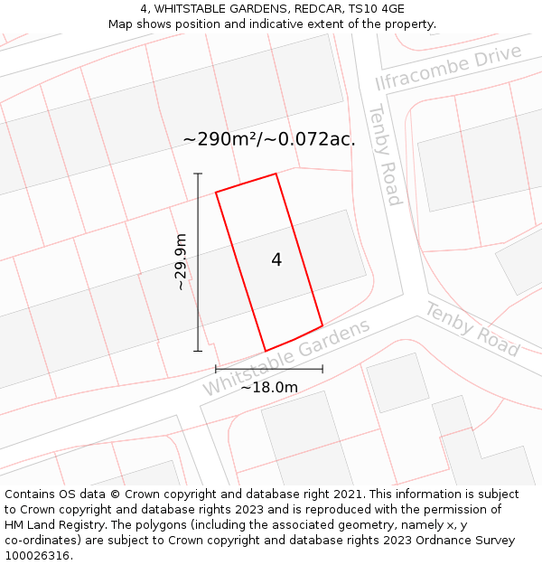 4, WHITSTABLE GARDENS, REDCAR, TS10 4GE: Plot and title map