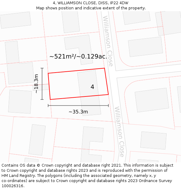 4, WILLIAMSON CLOSE, DISS, IP22 4DW: Plot and title map