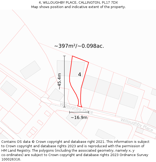 4, WILLOUGHBY PLACE, CALLINGTON, PL17 7DX: Plot and title map