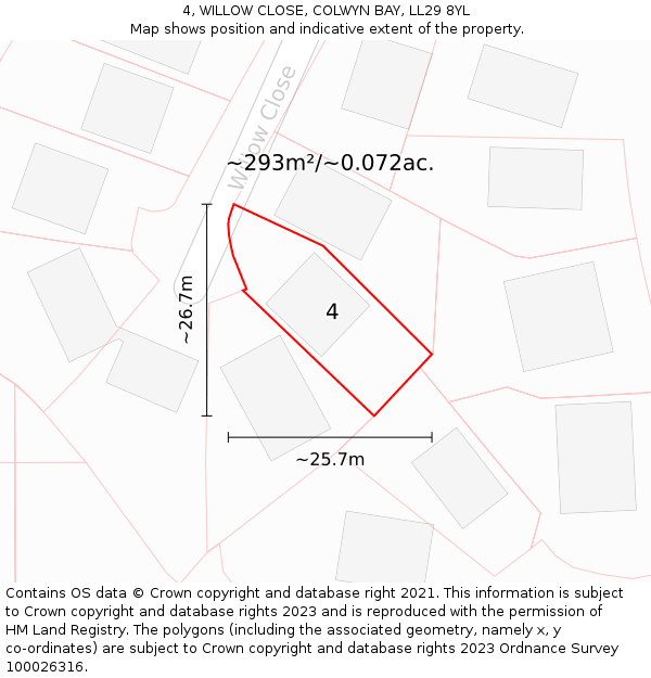 4, WILLOW CLOSE, COLWYN BAY, LL29 8YL: Plot and title map